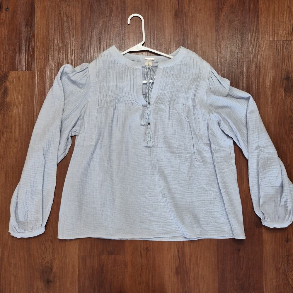 Magaschoni Womens L Top 100% Organic Cotton Gauze Boho Tassel Sky Blue MSRP $158